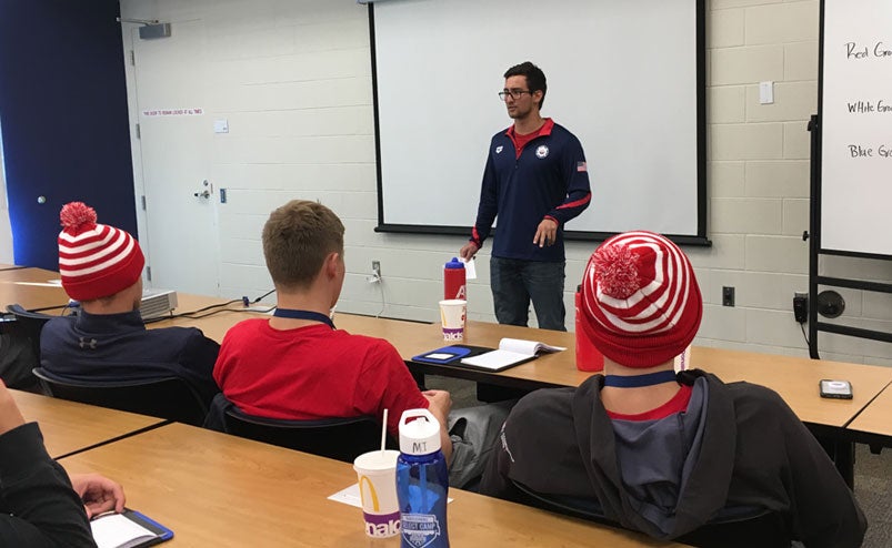 JustinWrightSelectCap Justin Wright talks to swimmers at the 2018 National Select Camp.